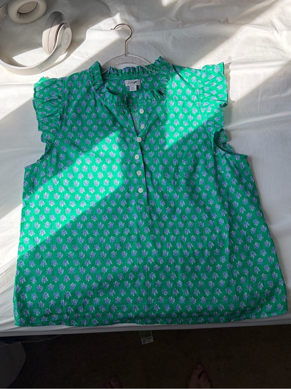 J. Crew Green Floral Top with Ruffle Sleeves